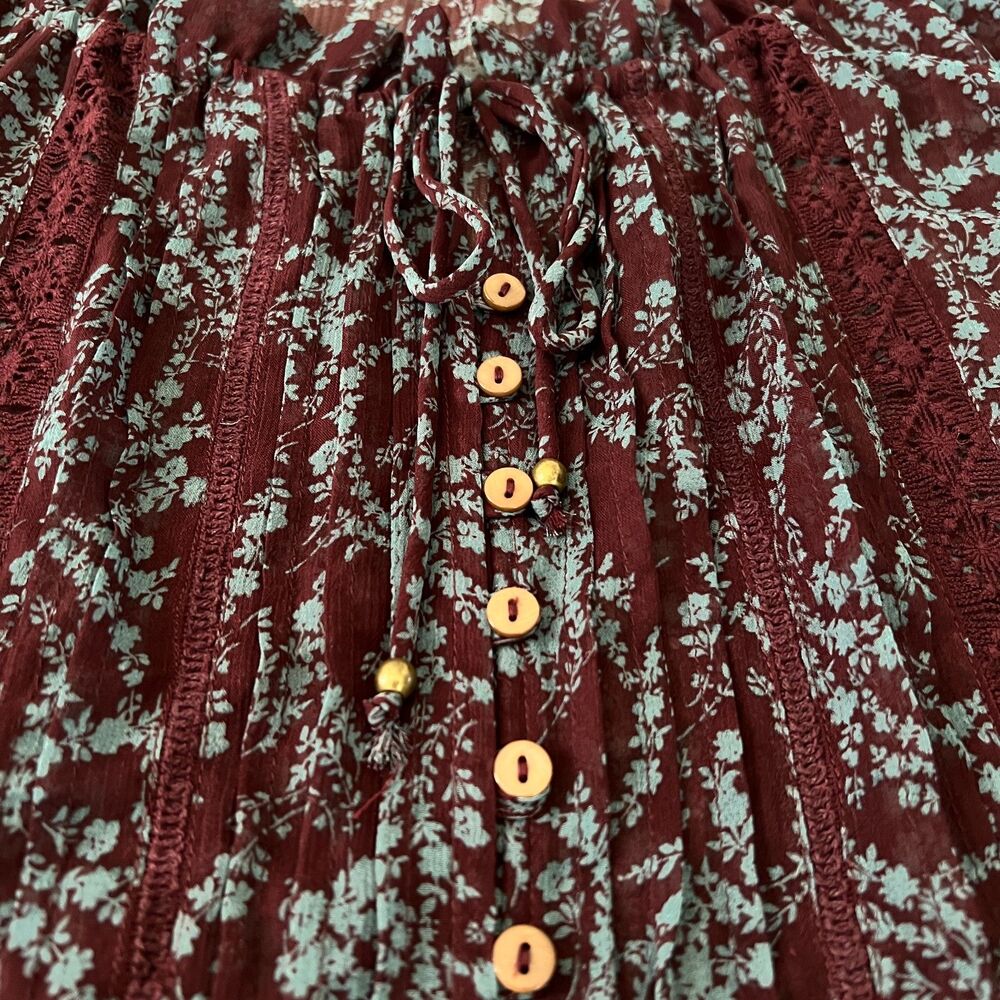 Olivaceous Burgundy Blue Floral Y2K Boho Hippie Semi-Sheer Chiffon Blouse Sz S - Picture 3 of 12